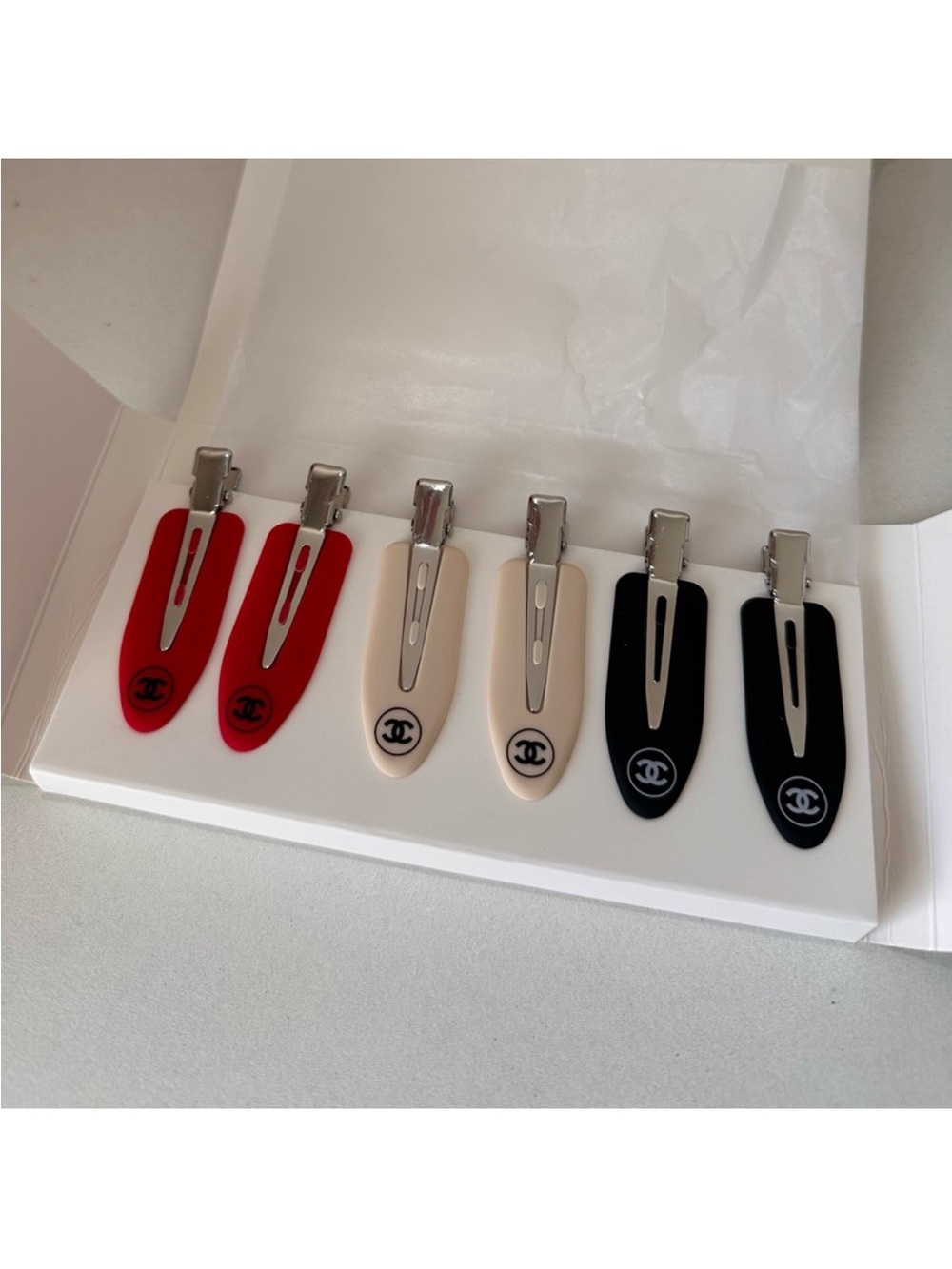 CHANEL Beaute' Hair Clip Accessory Set (Red, Cream and Black) Set